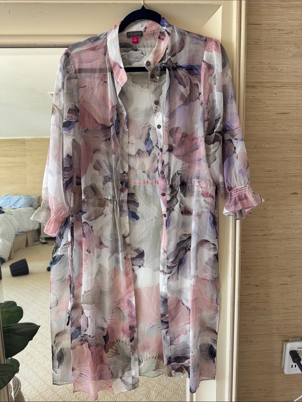 Vince Camuto Sheer Floral Pink Lavender White Button-Front Duster